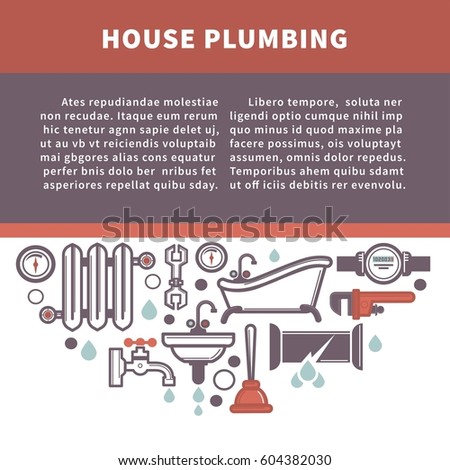House plumbing information board vector illustration. Repairing service, radiator icon, bath and sink installation, water pipes fixing and cleaning symbols in flat style banner. Plumber for mending.