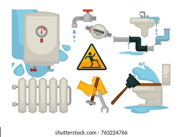 House plumbing plumber repair tools and water sewerage leakage fixture vector flat icons