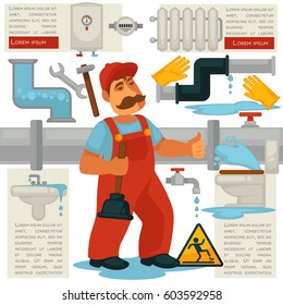 House plumbing poster or infographics vector template. Plumber profession work tools for bathroom sewerage and kitchen or toilet water pipe leakage fixture