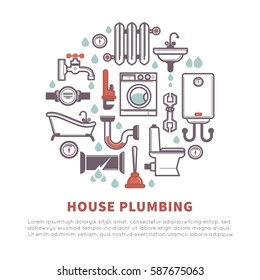 House plumbing vector poster of bathroom and kitchen household icons