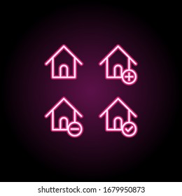 House, plus, check, minus sign neon icon. Simple thin line, outline vector of web icons for ui and ux, website or mobile application