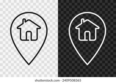 Punto de la casa en el icono de la línea del mapa, símbolo de trazo editable del vector de alta calidad. Señal de contorno de entrega a domicilio aislada en fondo oscuro y transparente claro.