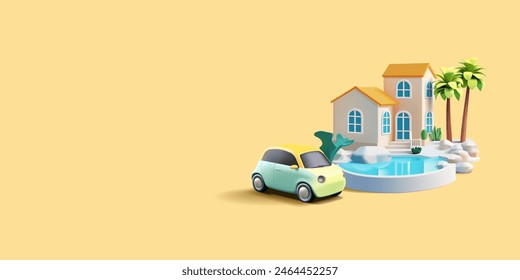 Casa con una piscina, palmeras, y un coche, 3D. Anuncio para publicidad de viajes en coche en vacaciones. Vector