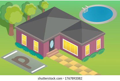house with pool and parking isometric
