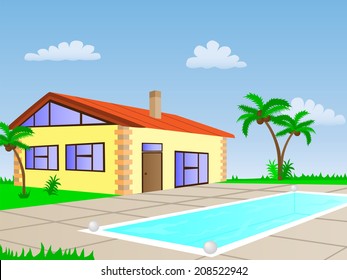 House with pool. Vector illustration