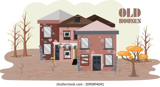 The house is in poor condition, Abandoned houses. Old trouble damaged facade decayed exterior destroyed buildings. An old, ruined house in cracks with broken glasses and withered trees in garden