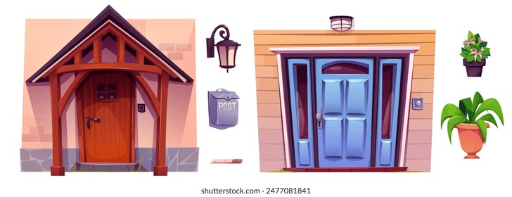 House porch with front door set isolated on white background. Vector cartoon illustration of old and modern home facades with entrance doorway, window, outdoor light, mailbox, green flower pots