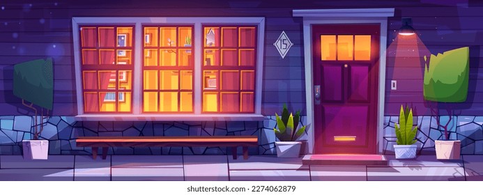 Porche de la casa y puerta de entrada delantera en ilustración de dibujos animados vectores nocturnos. Pared y ventana de madera con luz exterior frente a la fachada de casa. Entrada cerrada y alfombra en la puerta. Escena de cuento de hadas con linterna