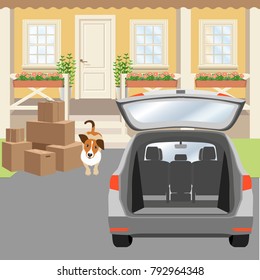 House Porch With Panel Door And Windows. Driveway, Cardboard Boxes And Car With Opened Trunk. Cute Puppy. Vector Illustration