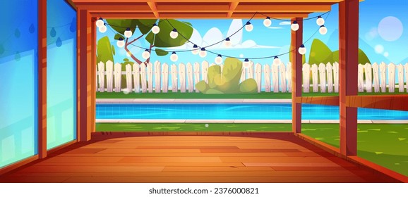 House porch and swimming pool in backyard. Vector cartoon illustration of summer villa glass door on wooden patio, poolside garden with green trees and lawn, white fence, garland lights, sunny day