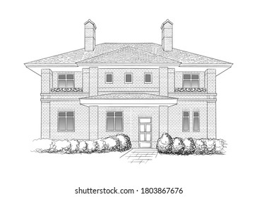 House portrait illustration, black and white monochrome home sketch art, hand drawn vector. Street front view, cityscape, style private estate architecture drawing.