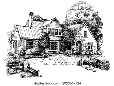 House portrait illustration. Pen sketch converted to vectors. An image of the architecture of a private estate.