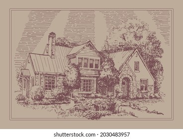 House portrait illustration. Pen sketch converted to vectors. An image of the architecture of a private estate.