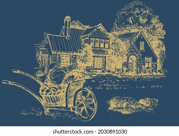 House portrait illustration. Pen sketch converted to vectors. An image of the architecture of a private estate.