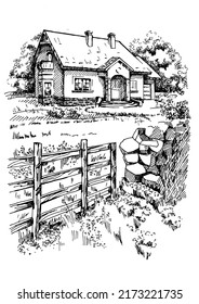 House portrait illustration. Pen sketch converted to vectors. An image of the architecture of a private estate.
