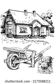 House portrait illustration. Pen sketch converted to vectors. An image of the architecture of a private estate.
