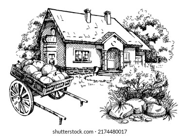 House portrait illustration. Pen sketch converted to vectors. An image of the architecture of a private estate.
