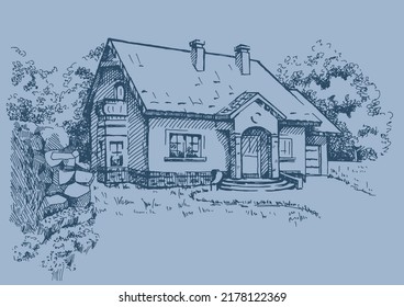 House portrait illustration. Pen sketch converted to vectors. An image of the architecture of a private estate.
