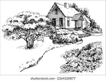 House portrait illustration. Pen sketch converted to vectors. An image of the architecture of a private estate.
