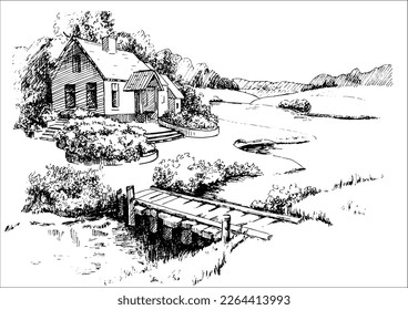 House portrait illustration. Pen sketch converted to vectors. An image of the architecture of a private estate.
