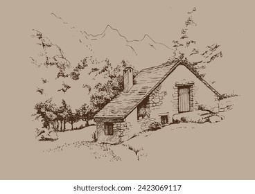 House portrait illustration. Pen sketch converted to vectors. An image of the architecture of a private estate.