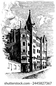 House portrait illustration. Richard's Castle - Lion's Heart (Kiev). Pen sketch converted to vectors.