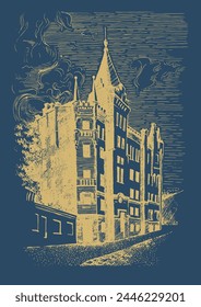 House portrait illustration. Richard's Castle - Lion's Heart (Kiev). Pen sketch converted to vectors.