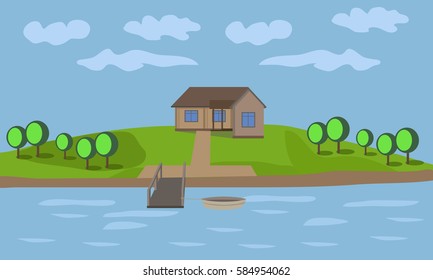 house. Poster, card, background. Vector illustration. Pier with a boat on the sea background. Summer travel poster. concept Summer landscape. House in nature. Vector illustration in style flat design