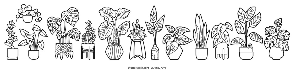 Planta maceta de la casa, conjunto decorativo de pegatinas de doodle. Instalaciones exóticas para el interior. Plantas botánicas de floración interior en la olla, cerámica de maceta lineal. Vector de esbozo de selva aislada