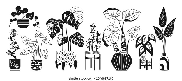 House potted plant, trendy doodle linear set. Exotic houseplants flowerpot for interior. Botanical house indoor blooming plants in pot, flower, potted ceramic. Urban jungle decor flat glyph vector