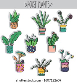 House Potted Plants, Colored Illustration, freehand, Cactus, Flower, Mushroom, Decorative, Tulips, Leafs, Tropical, Insect, Bug, Heart, Cute, Home, Nature, Botanical, Blossom, Collection, Flowerpot
