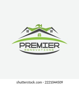 house premier renovations logo with roof and hammer