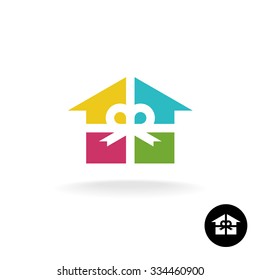 House as a present logo. Colorful gift box with ribbons and bow symbol.