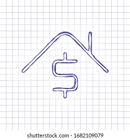 House price, home and dollar, rent logo, outline design. Hand drawn picture on paper sheet. Blue ink, outline sketch style. Doodle on checkered background