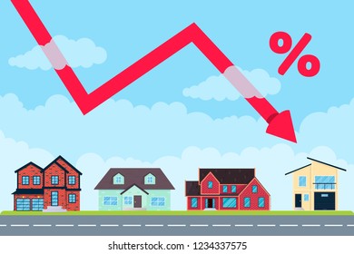 House price like arrow fall down from the air for many %. Good investment concept or low money price for buying new home. Various buildings set and arrow jumps up banner flat style vector illustration