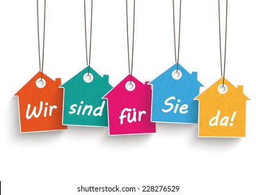 House price stickers on the white background. German text "Wir sind fÃ?Â?Ã?Â¼r Sie da", translate "We`re open". Eps 10 vector file.