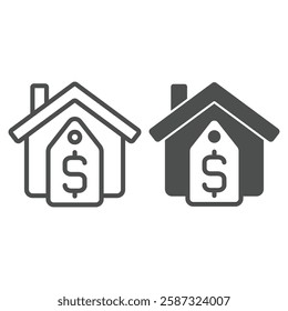 House with price tag line and solid icon, housing market concept. Vector graphics. Cottage building and dollar label sign on white background, outline style icon for mobile or web design
