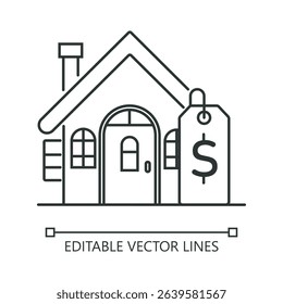 House with a price tag linear animation, suitable for real estate concepts, property listings, home buying. Vector isolated outline drawing. Editable stroke