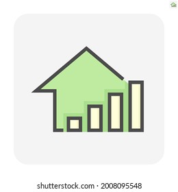House price or value increase vector icon. Consist of home or house building,  growth graph. Rate of real estate or property for development, owned, sale, rent, buy, purchase or investment. 64x64 px.