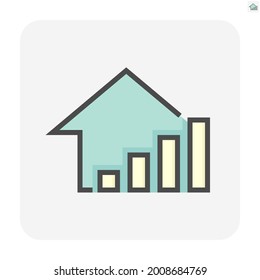 Häuserpreis oder Wertsteigerung, Vektorsymbol. Nehmen wir Wohnungs- oder Hausbau, Wachstumsprotokoll. Anteil von Immobilien oder Immobilien für die Entwicklung, im Eigentum, Verkauf, Miete, Kauf, Kauf oder Investition. 64 x 64 Pixel.