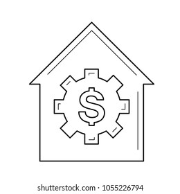 Icono de línea vectorial de precio de casa aislado en fondo blanco. Casa con precio dentro del icono de la línea de la rueda cognitiva para infografía, sitio web o aplicación.