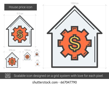 Icono de línea vectorial de precio de casa aislado en fondo blanco. Icono de la línea de precios de la vivienda para infografía, sitio web o aplicación. Icono escalable diseñado en un sistema de cuadrícula.