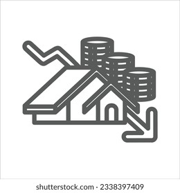 Icono de línea simple de reducción de precios de la casa