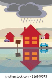 House prices on the way down, symbolized by the dark rain clouds and reflected arrow shape pointing downwards in the water.