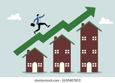 Os preços das casas estão subindo, o conceito de imobiliário ou crescimento de propriedade, empresários correndo em gráficos verdes imponentes no telhado da casa.