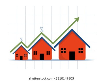 Aumento de precios de la vivienda, Inversión inmobiliaria o concepto de crecimiento inmobiliario, Gráfico de casas con flechas. gráficos verdes en el techo de la casa. ilustración vectorial plana en un fondo blanco.