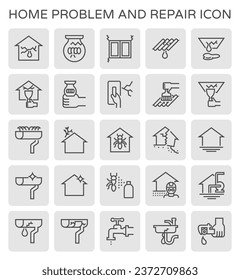 House problem and repair maintenance vector icon consist of building, rain gutter, roof, wall, ceiling to old, crack, damage, broken from disaster. Result in water leak, clogged. Editable stroke.
