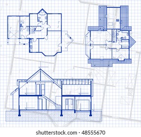 house project in blue color on the page of notebook