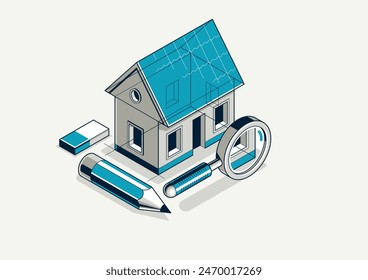 House project concept, 3D isometric vector illustration of a small house building project, construction architectural model, residential family small house.