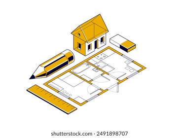 Concepto de proyecto de casa, Ilustración vectorial isométrica 3D de una casa Pequeña y proyecto de edificio plano, modelo arquitectónico de construcción, casa Pequeña familiar residencial.